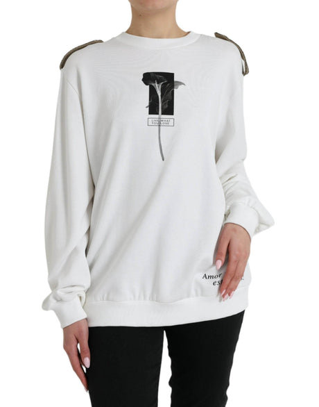 Dolce & Gabbana White Floral Cotton Crew Neck Pullover Sweater - Hilstor