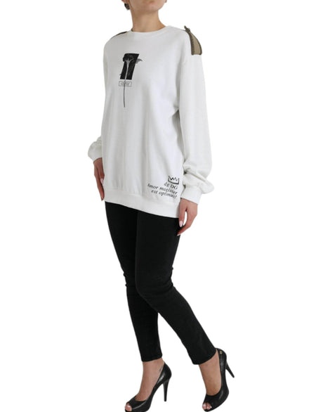 Dolce & Gabbana White Floral Cotton Crew Neck Pullover Sweater - Hilstor