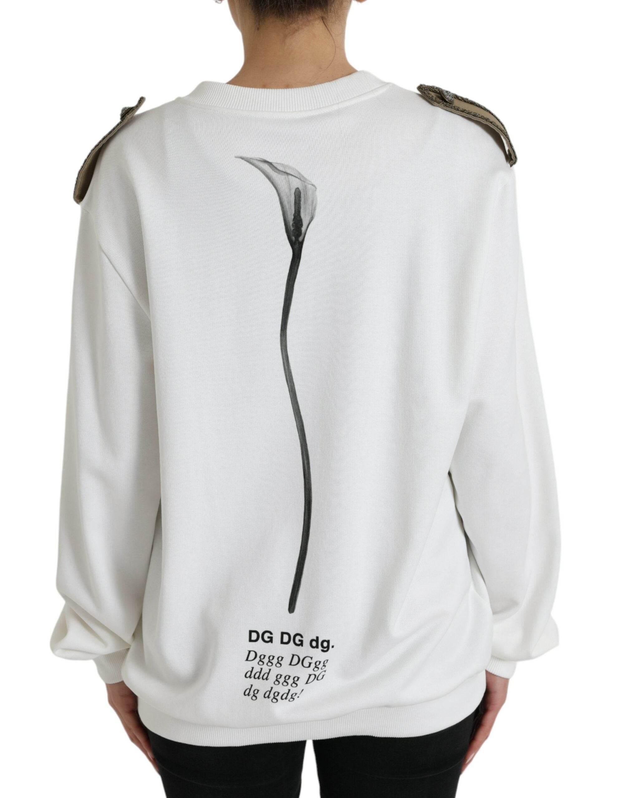 Dolce & Gabbana White Floral Cotton Crew Neck Pullover Sweater - Hilstor