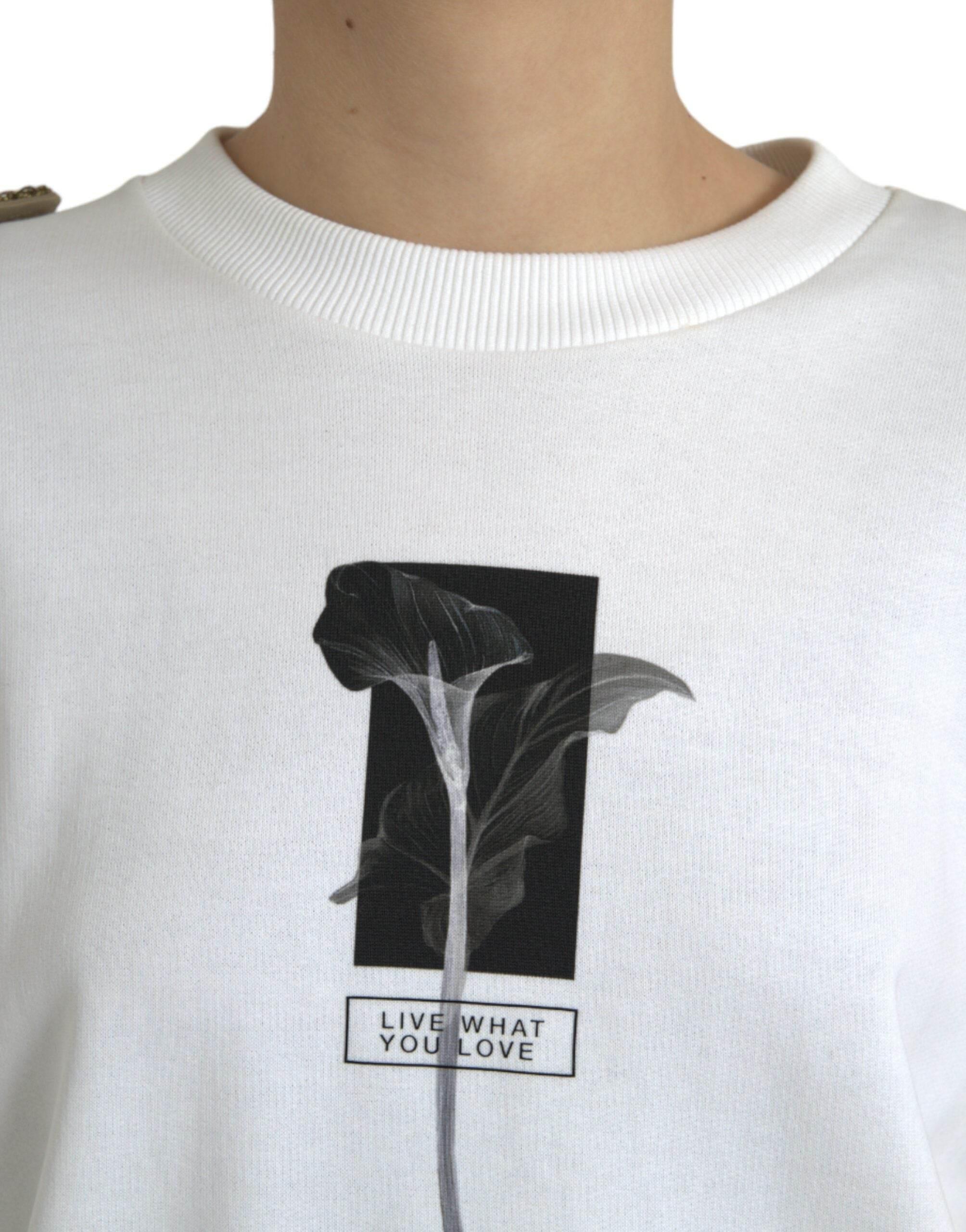 Dolce & Gabbana White Floral Cotton Crew Neck Pullover Sweater - Hilstor