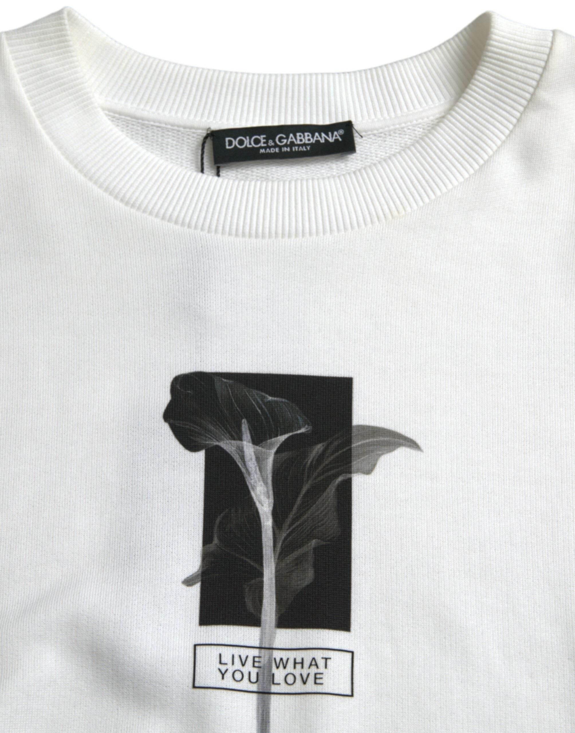 Dolce & Gabbana White Floral Cotton Crew Neck Pullover Sweater - Hilstor