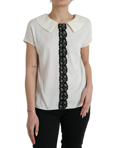 Dolce & Gabbana Elegant Off-White Lace-Trim Silk Blouse - Hilstor