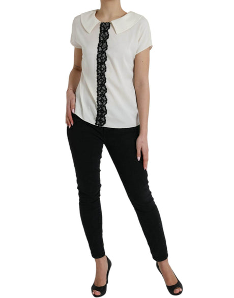 Dolce & Gabbana Elegant Off-White Lace-Trim Silk Blouse - Hilstor