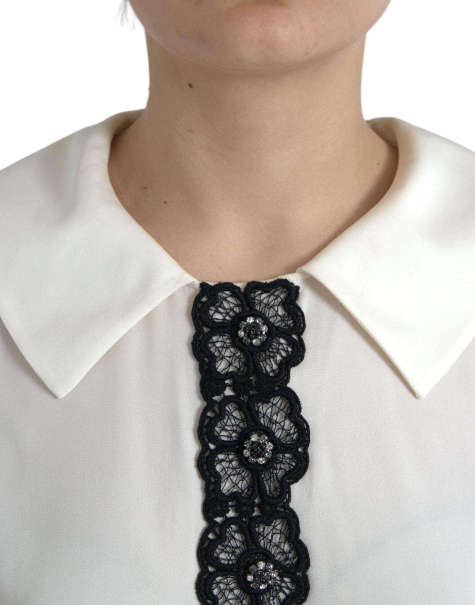 Dolce & Gabbana Elegant Off-White Lace-Trim Silk Blouse - Hilstor