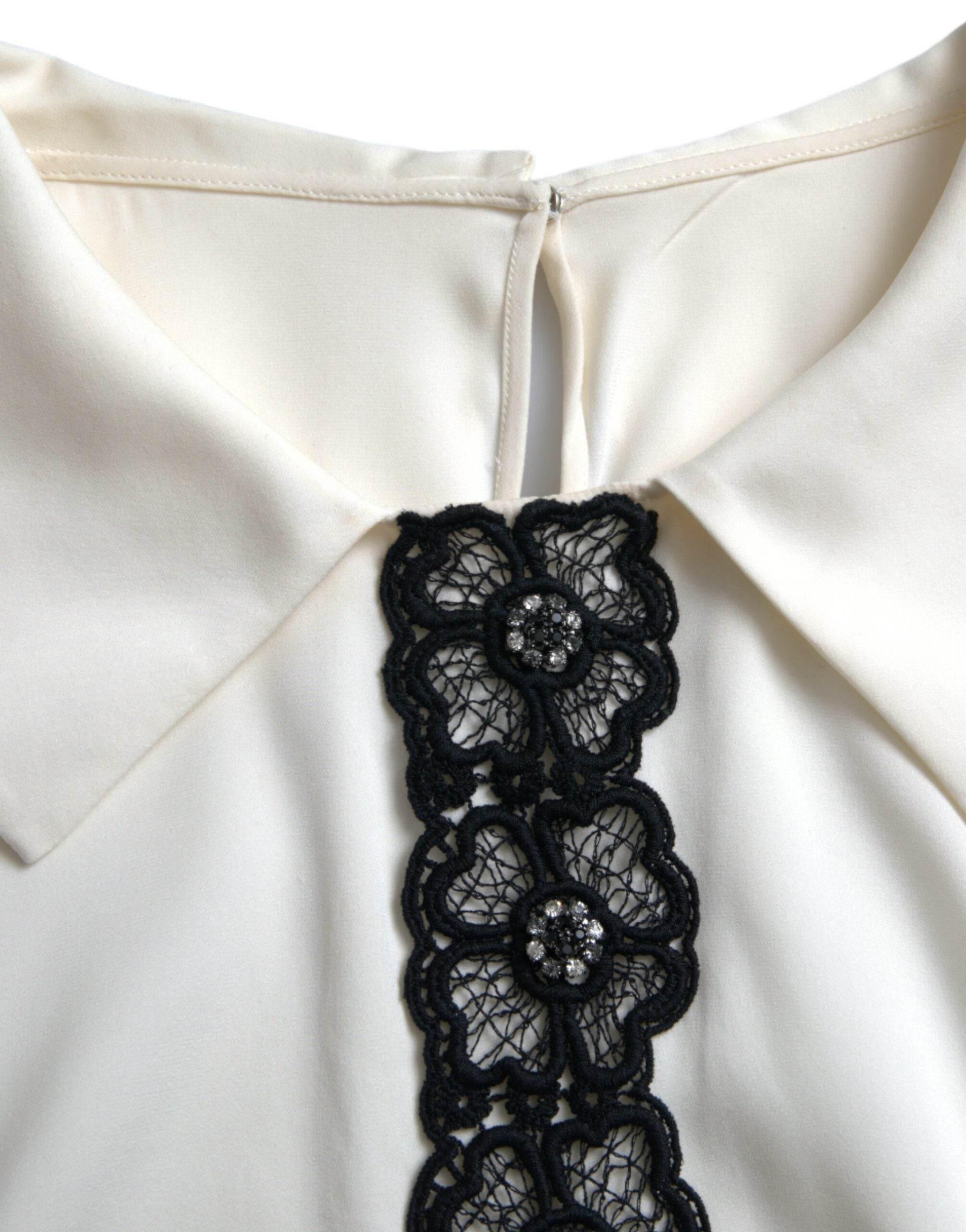Dolce & Gabbana Elegant Off-White Lace-Trim Silk Blouse - Hilstor