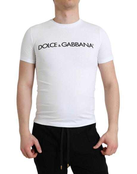 Dolce & Gabbana White Logo Print Cotton Crew Neck T-shirt - Hilstor