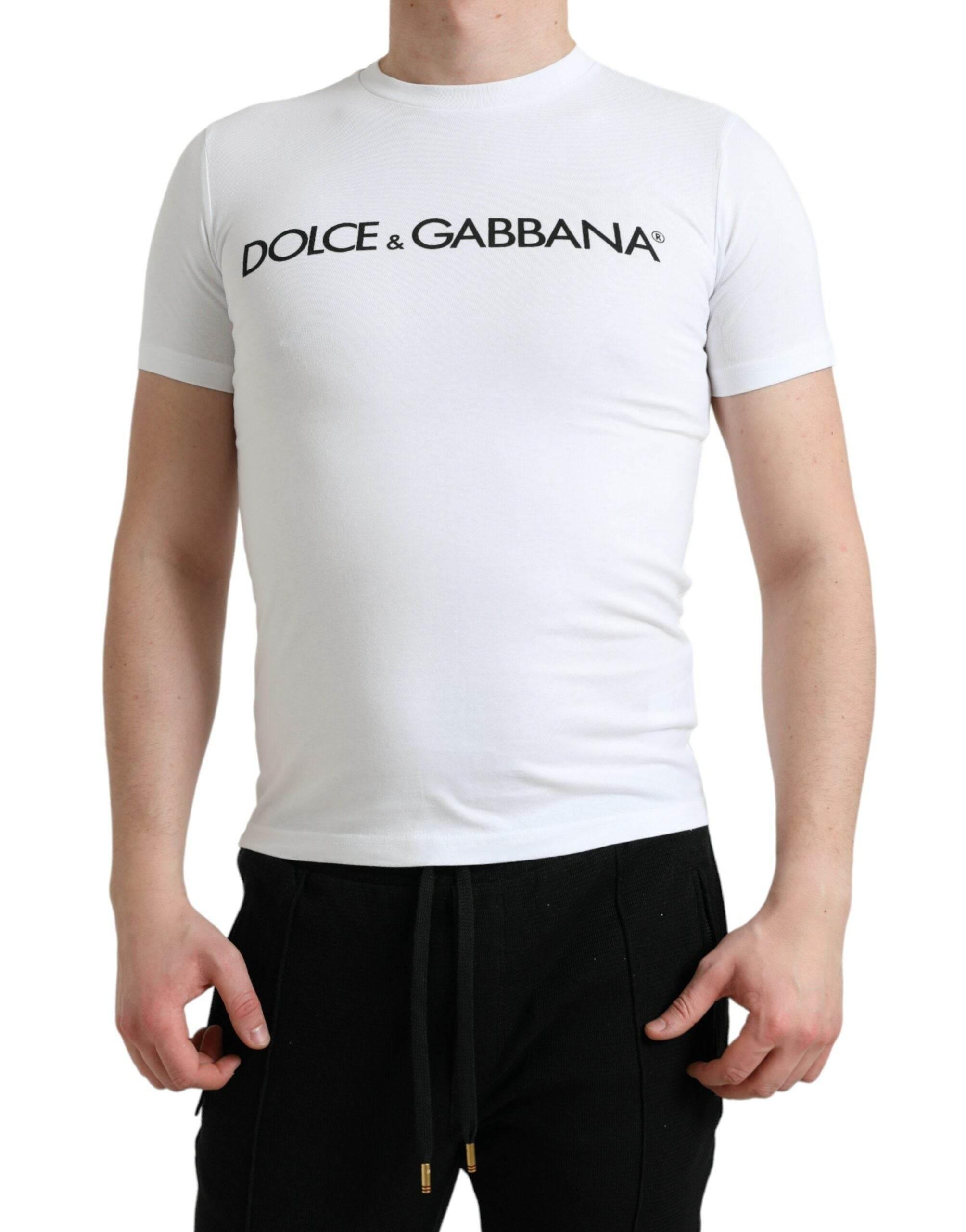 Dolce & Gabbana White Logo Print Cotton Crew Neck T-shirt - Hilstor