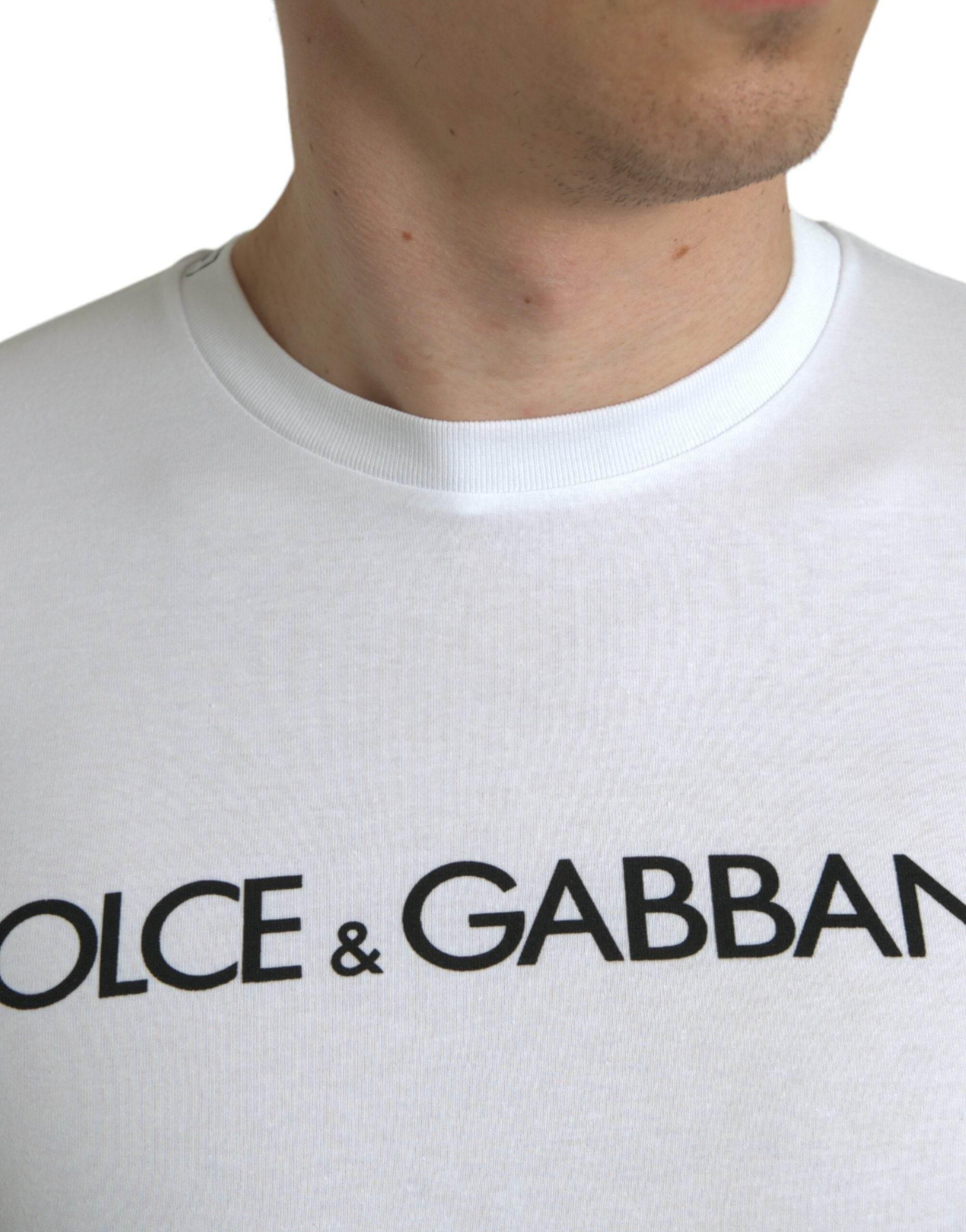 Dolce & Gabbana White Logo Print Cotton Crew Neck T-shirt - Hilstor