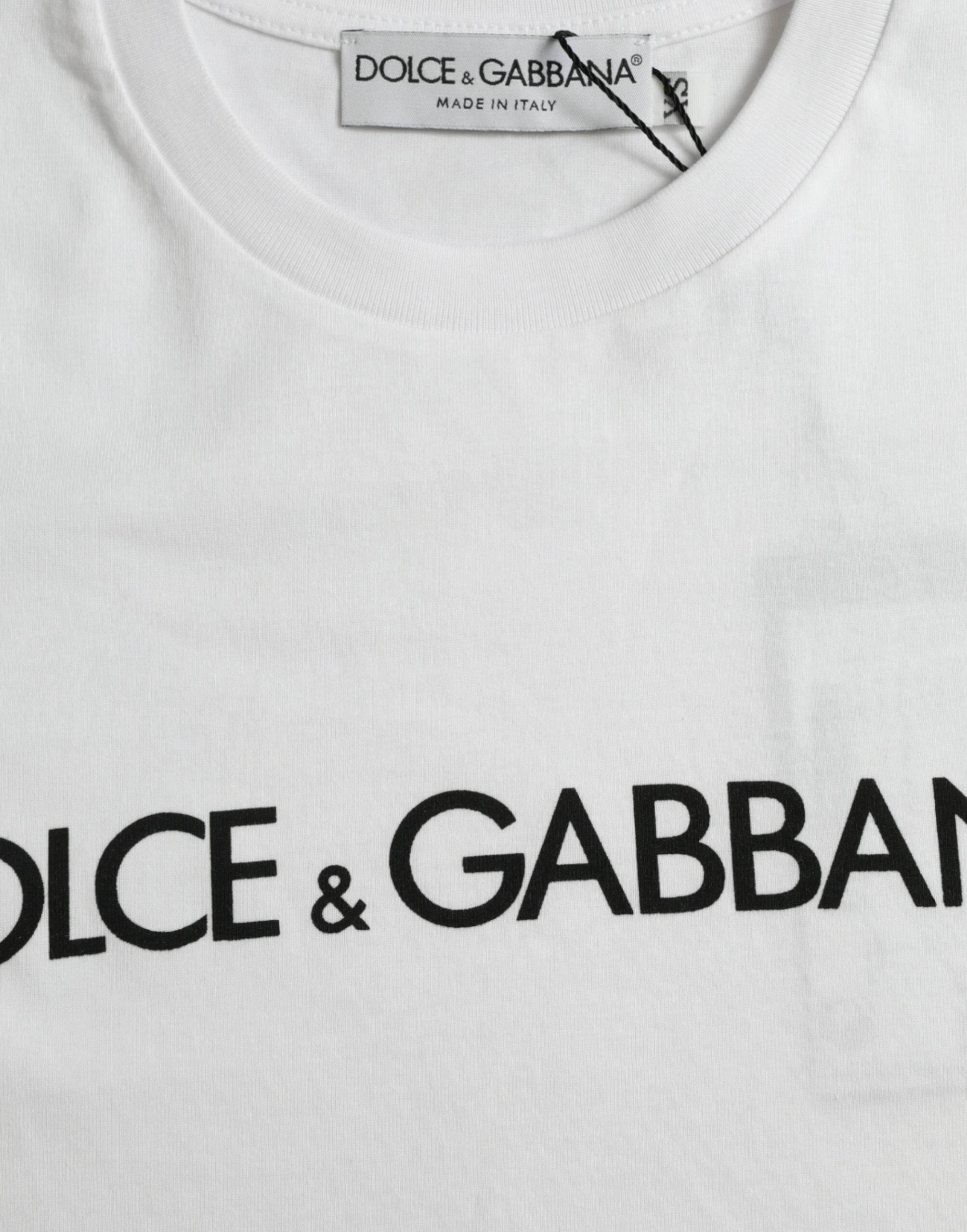 Dolce & Gabbana White Logo Print Cotton Crew Neck T-shirt - Hilstor