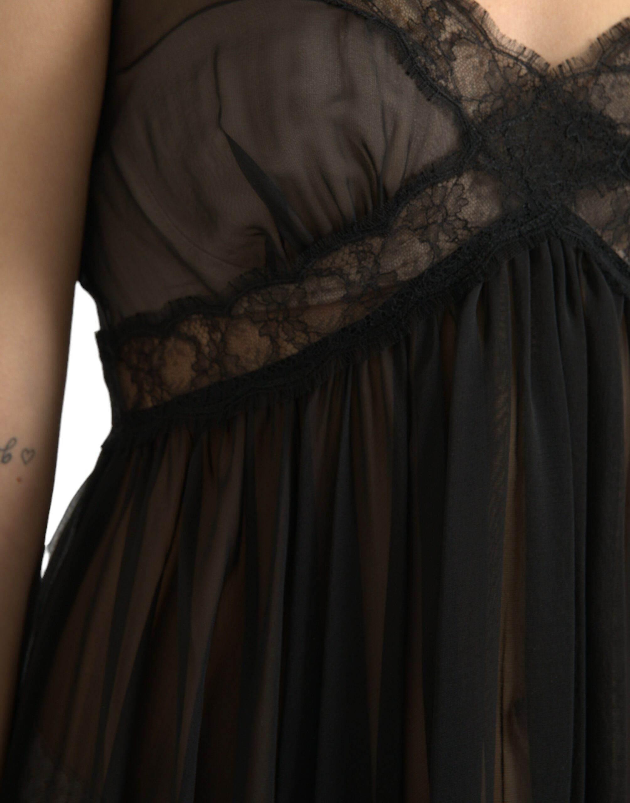 Dolce & Gabbana Black Silk Pleated Lace Chiffon Mini Dress - Hilstor