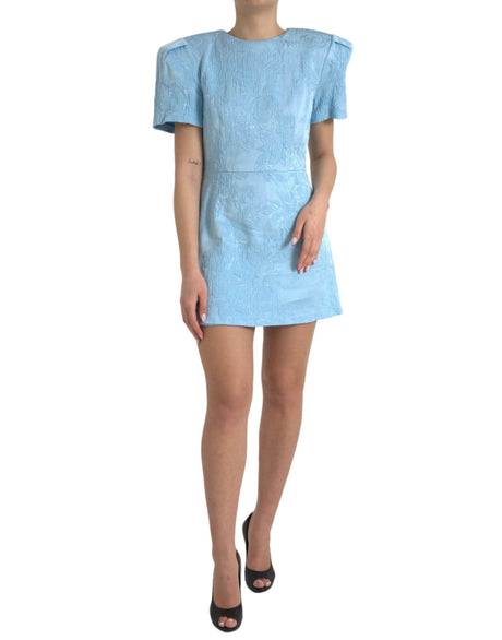 Dolce & Gabbana Light Blue Floral Jacquard Puff Sleeve Mini Dress - Hilstor