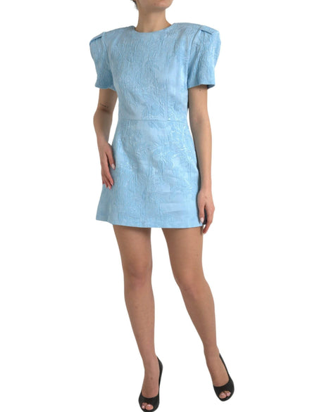 Dolce & Gabbana Light Blue Floral Jacquard Puff Sleeve Mini Dress - Hilstor