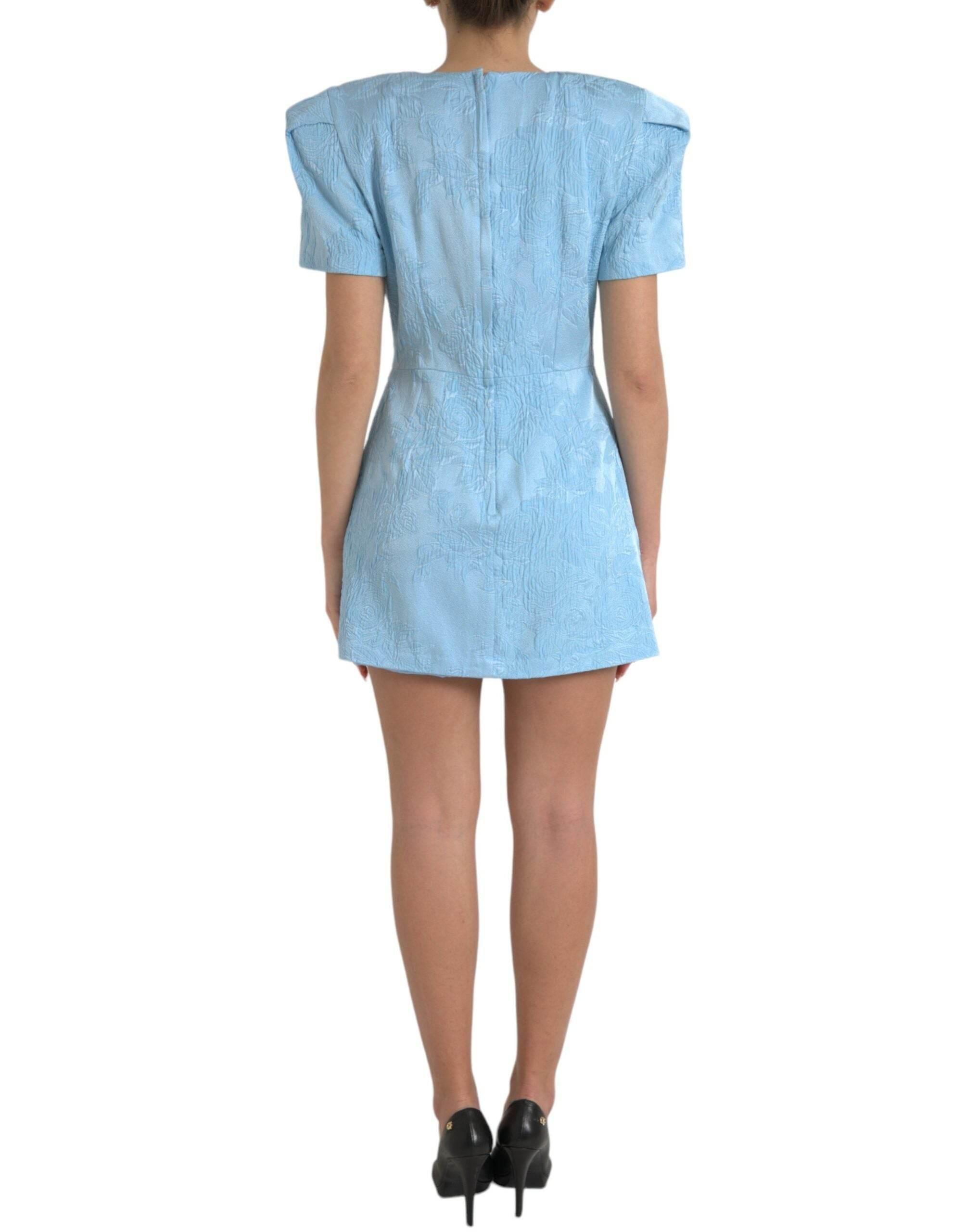 Dolce & Gabbana Light Blue Floral Jacquard Puff Sleeve Mini Dress - Hilstor