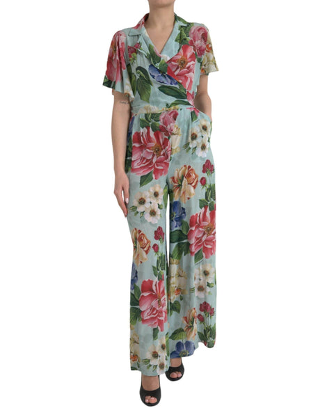 Dolce & Gabbana Blue Floral Wide Leg Wrap Jumpsuit Dress - Hilstor