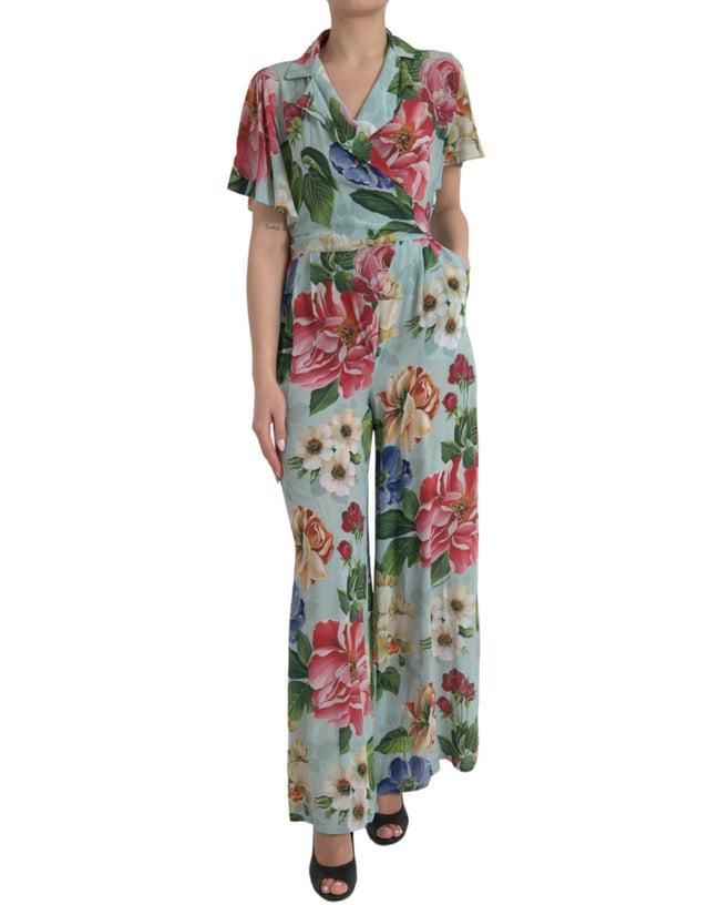 Dolce & Gabbana Blue Floral Wide Leg Wrap Jumpsuit Dress - Hilstor