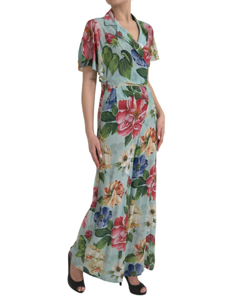 Dolce & Gabbana Blue Floral Wide Leg Wrap Jumpsuit Dress - Hilstor