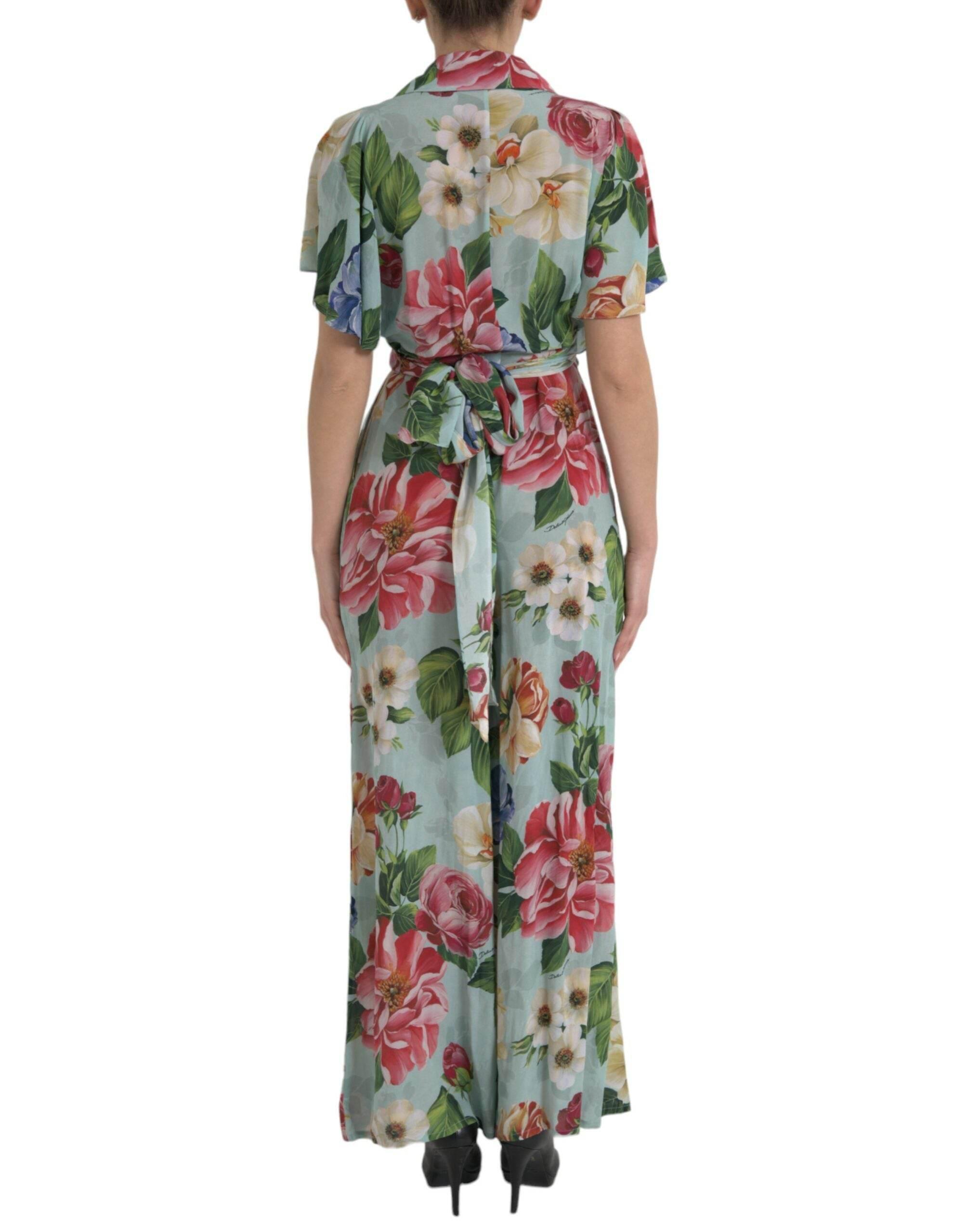 Dolce & Gabbana Blue Floral Wide Leg Wrap Jumpsuit Dress - Hilstor