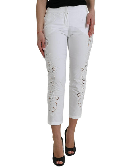 Dolce & Gabbana White Cut Out Cotton Mid Waist Cropped Pants - Hilstor