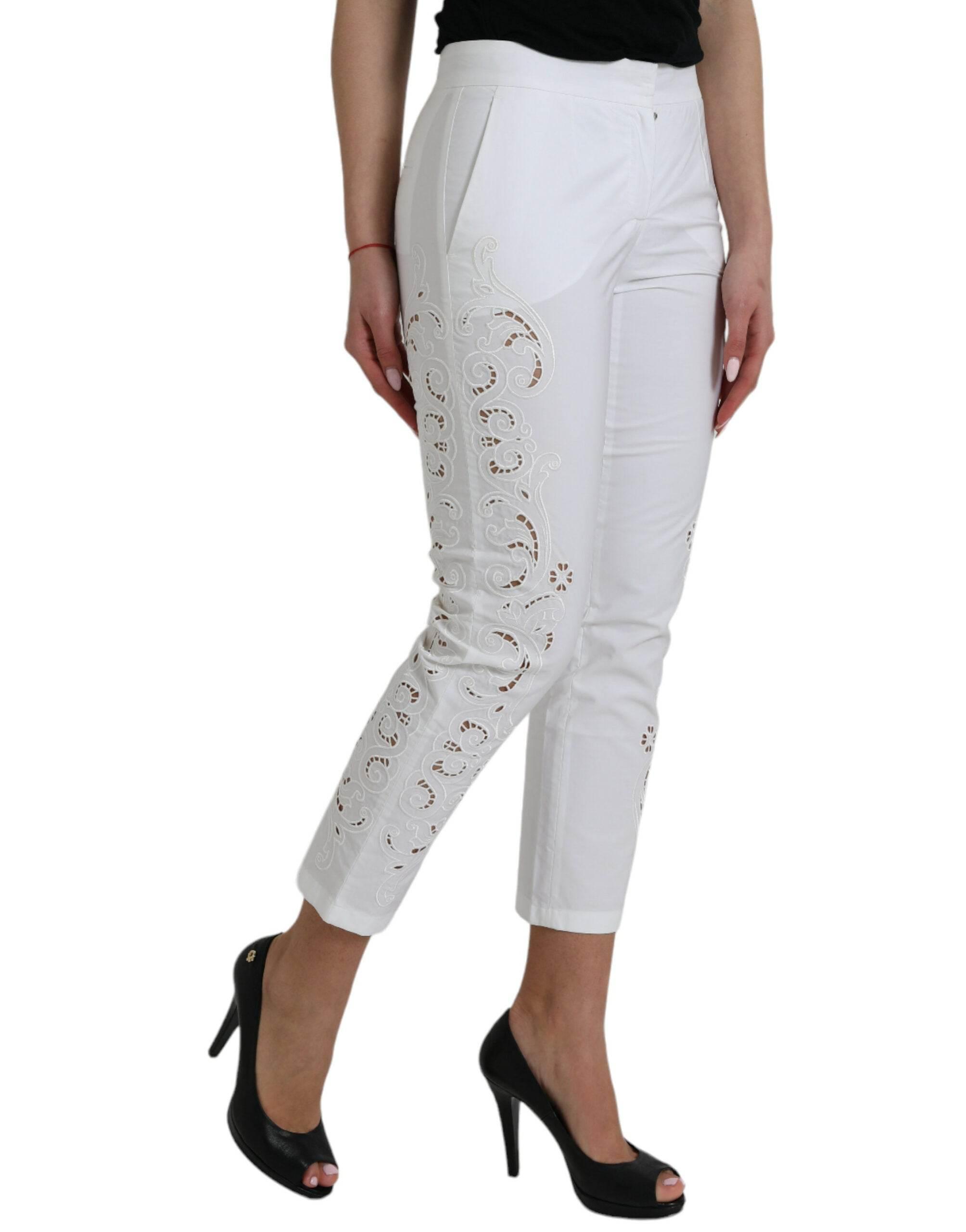 Dolce & Gabbana White Cut Out Cotton Mid Waist Cropped Pants - Hilstor