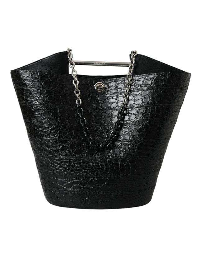 Balenciaga Elegant Black Crocodile Leather Maxi Bucket Bag - Hilstor