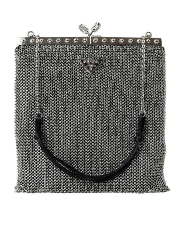 Prada Elegant Silver Mesh Shoulder Evening Bag - Hilstor