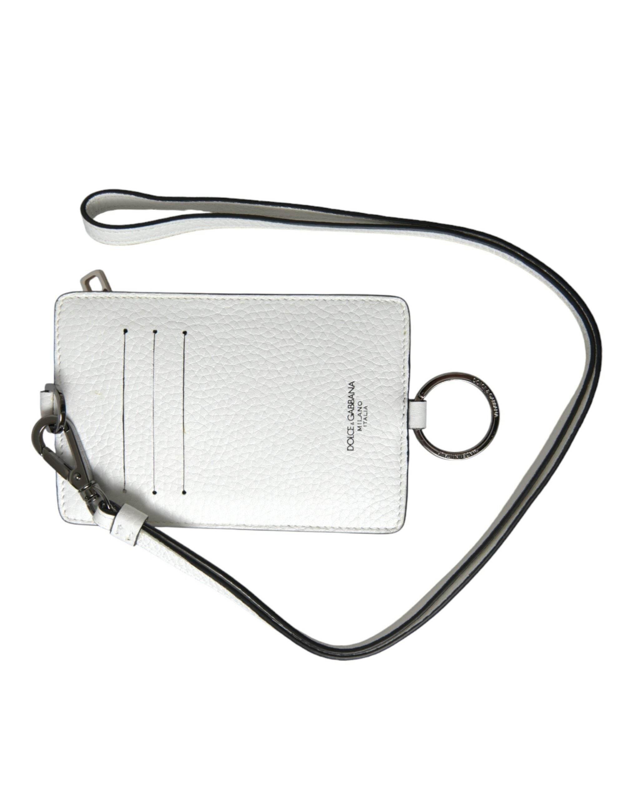 Dolce & Gabbana White Calf Leather Lanyard Logo Card Holder Wallet - Hilstor