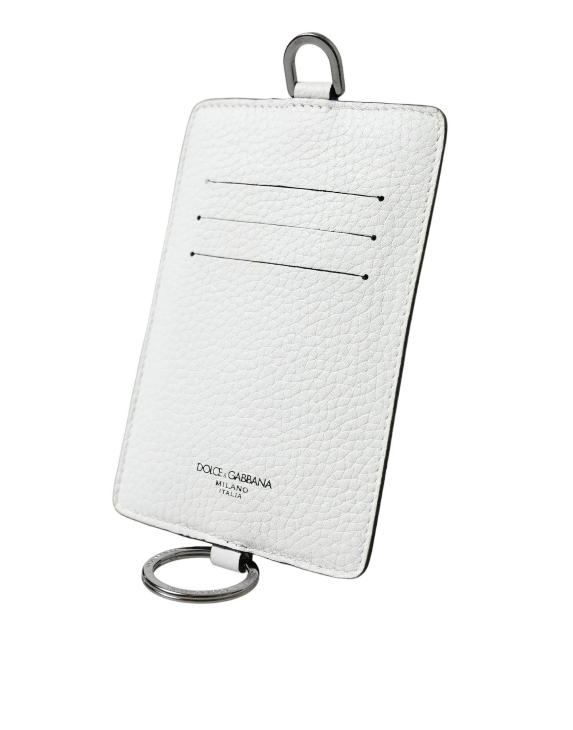 Dolce & Gabbana White Calf Leather Lanyard Logo Card Holder Wallet - Hilstor