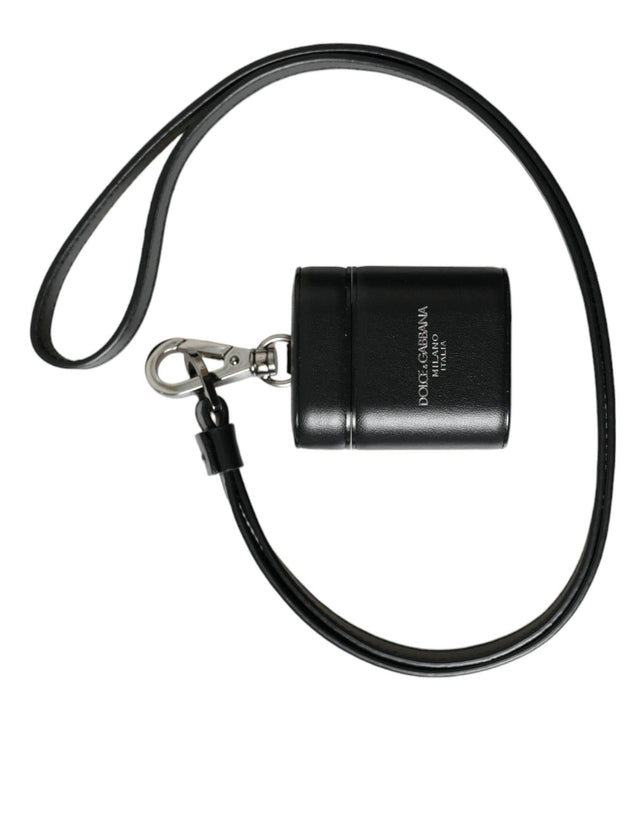 Dolce & Gabbana Black Leather Strap Silver Metal Logo Printed Airpods Case - Hilstor