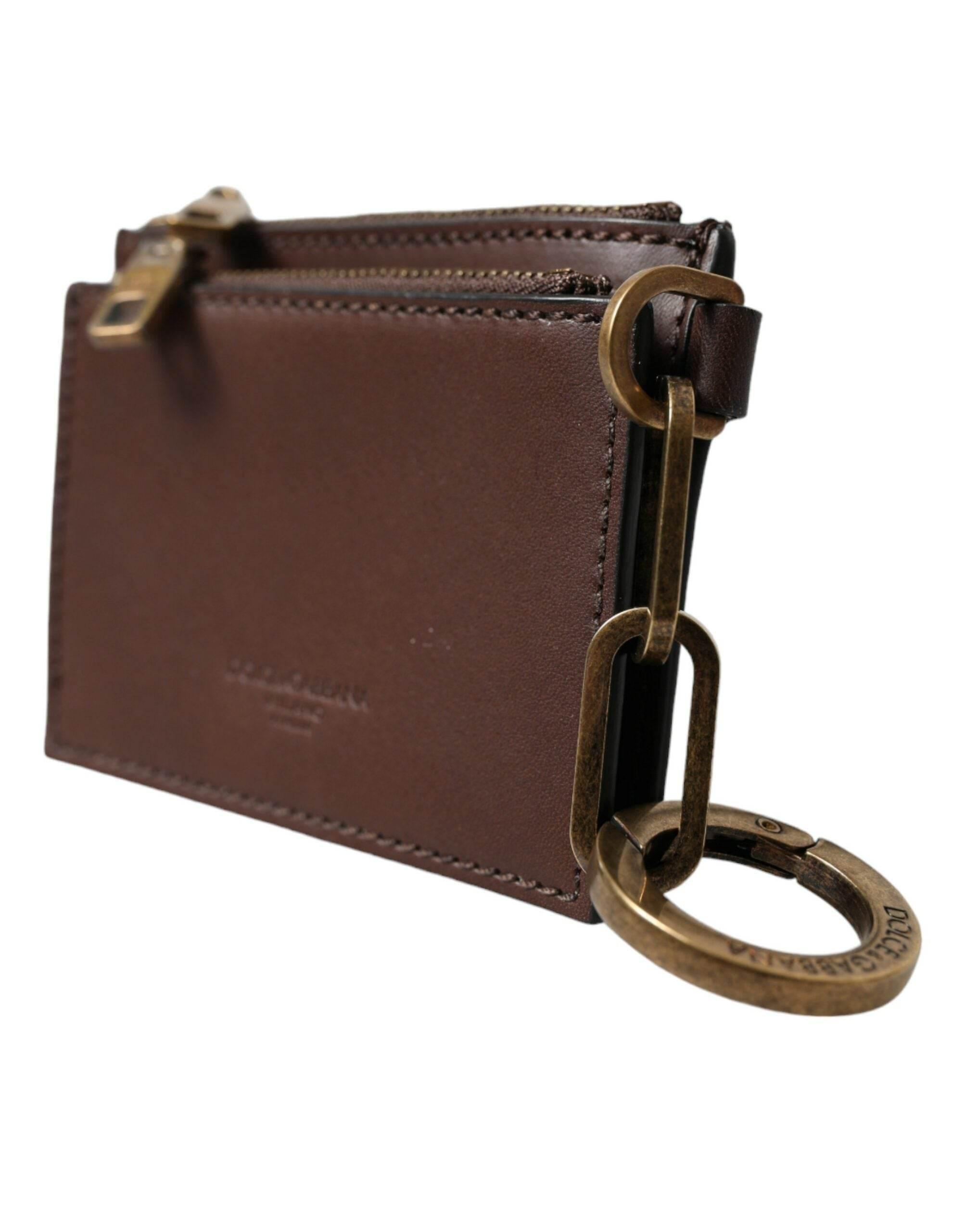Dolce & Gabbana Brown Leather Zip Logo Keyring Coin Purse Keyring Wallet - Hilstor
