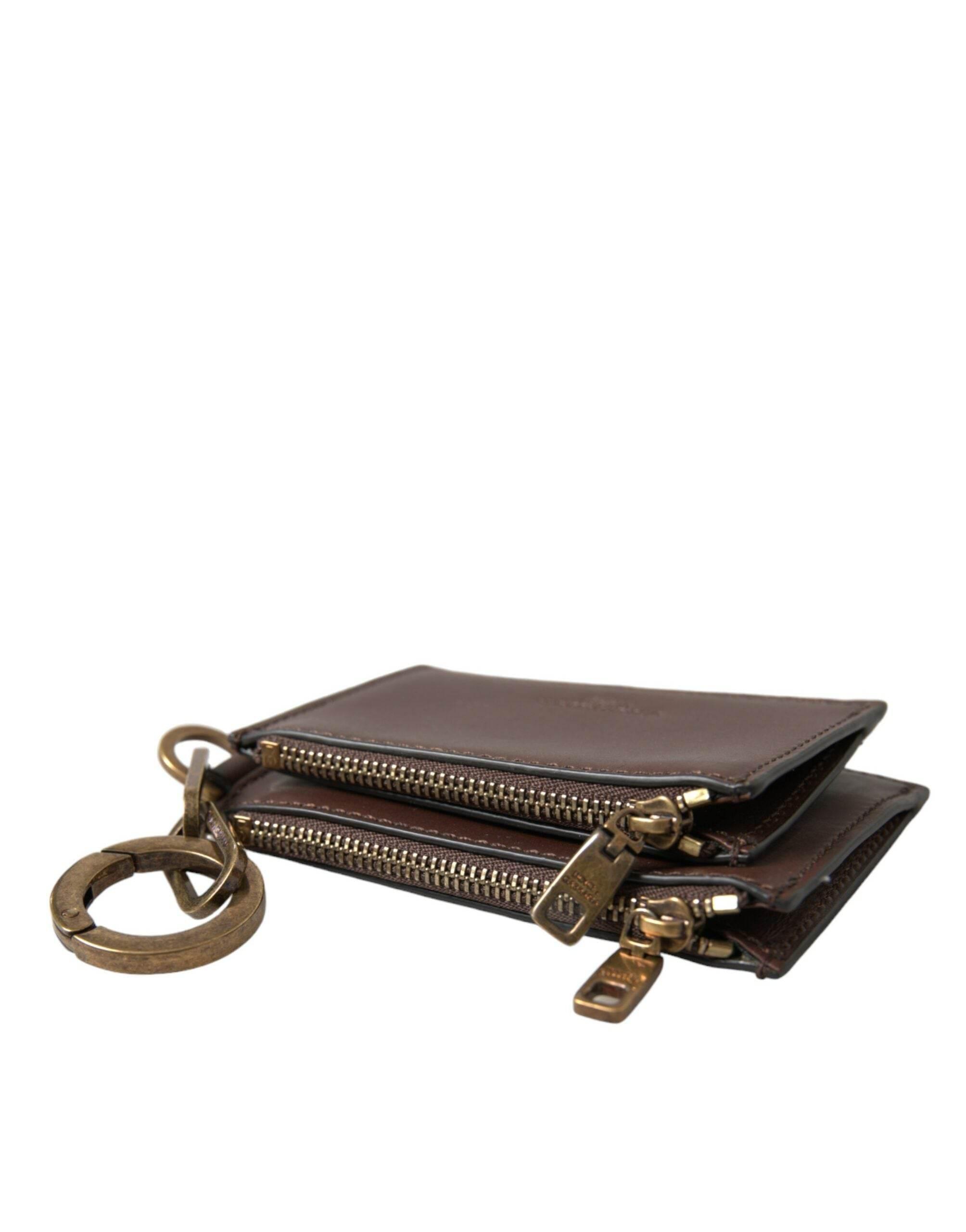 Dolce & Gabbana Brown Leather Zip Logo Keyring Coin Purse Keyring Wallet - Hilstor