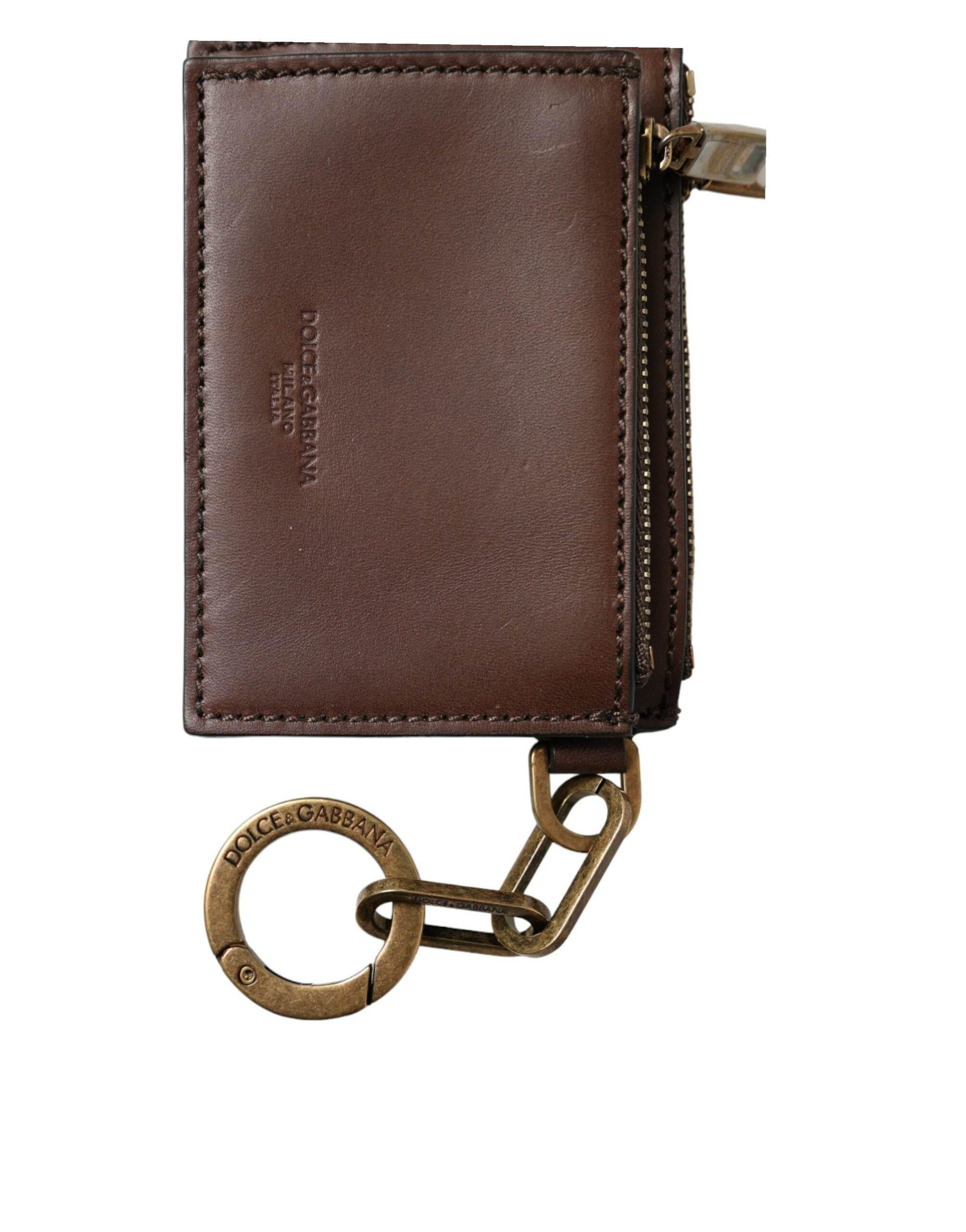 Dolce & Gabbana Brown Leather Zip Logo Keyring Coin Purse Keyring Wallet - Hilstor