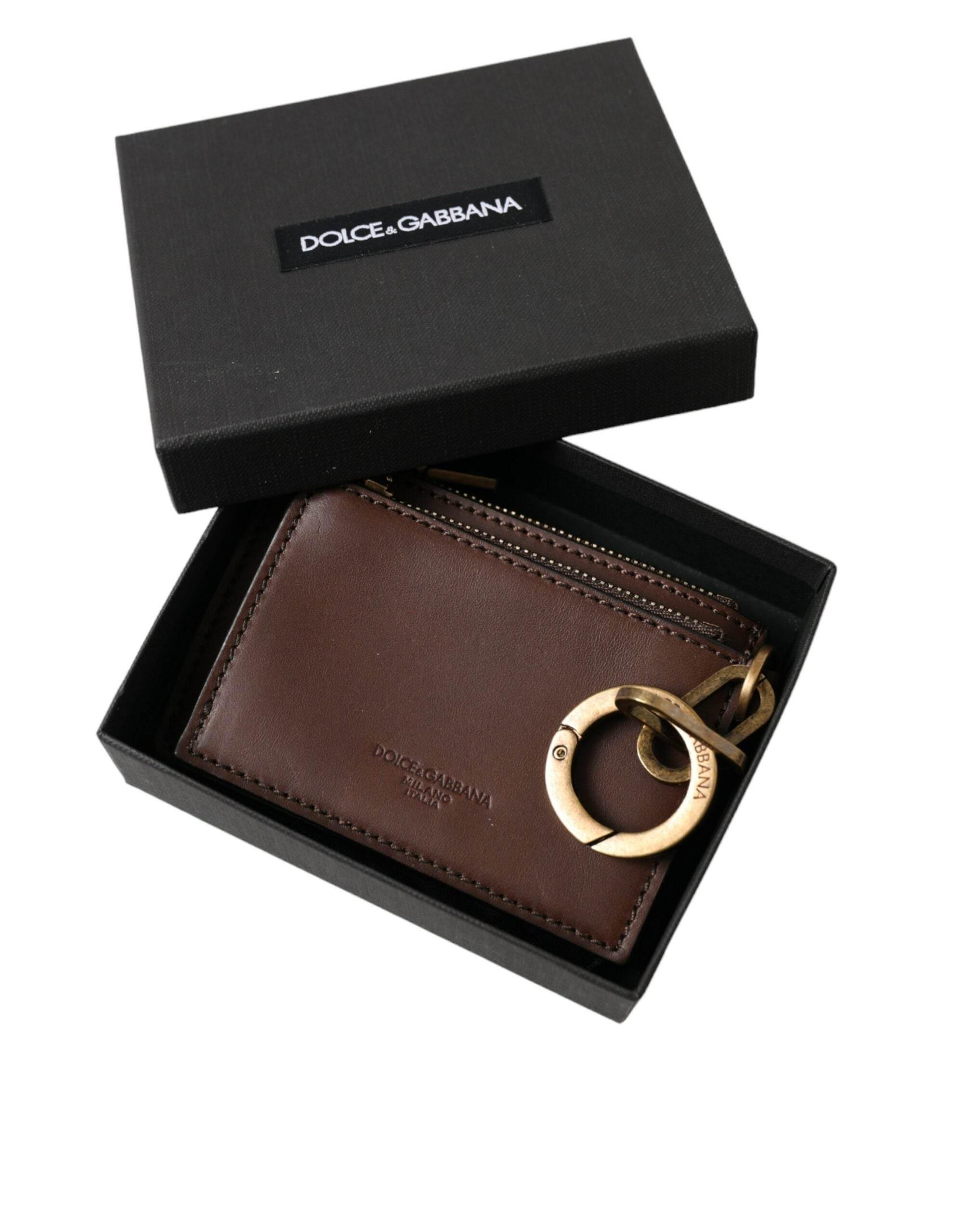Dolce & Gabbana Brown Leather Zip Logo Keyring Coin Purse Keyring Wallet - Hilstor