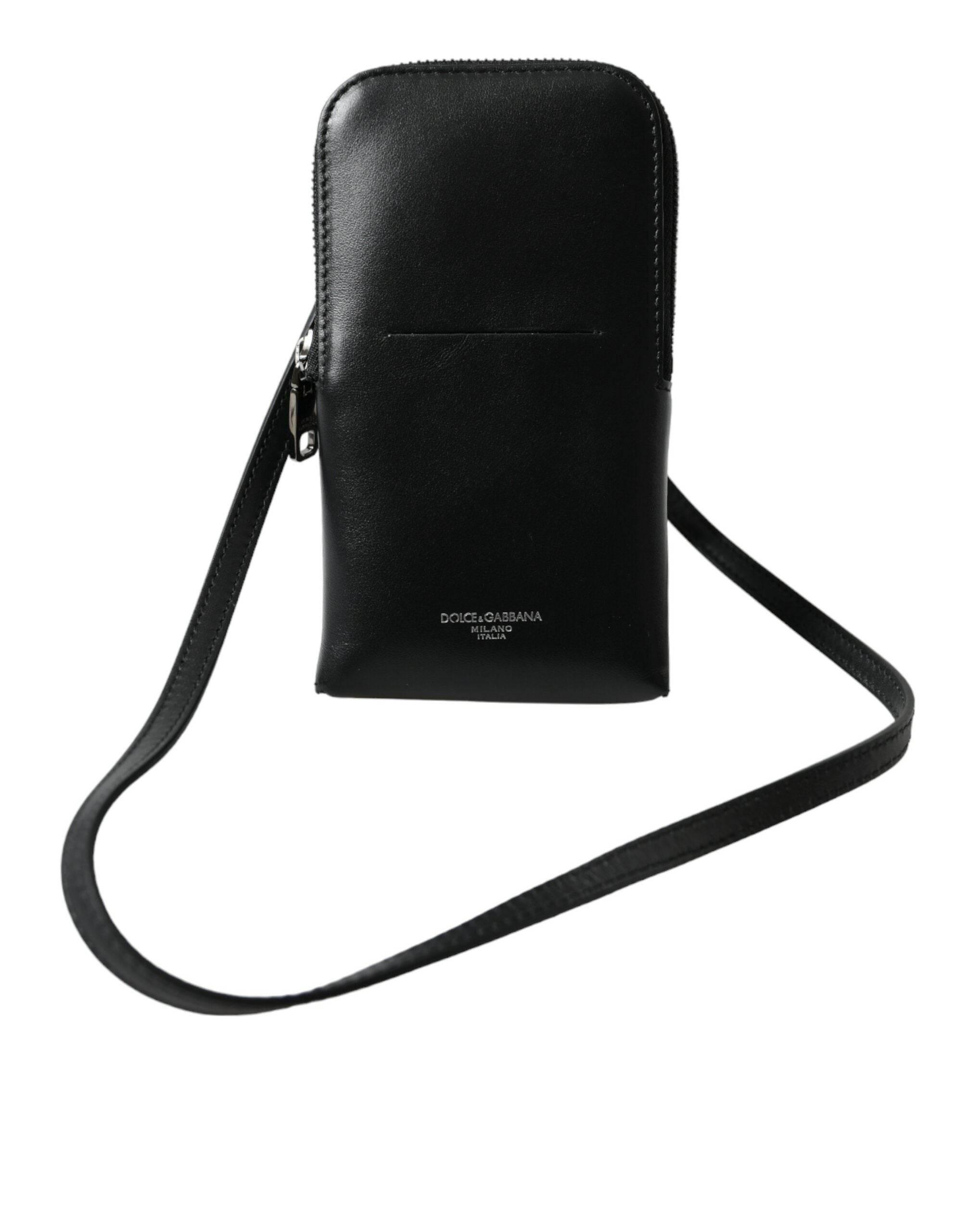 Dolce & Gabbana Black Leather Zip Around Logo Print Lanyard Strap Wallet - Hilstor