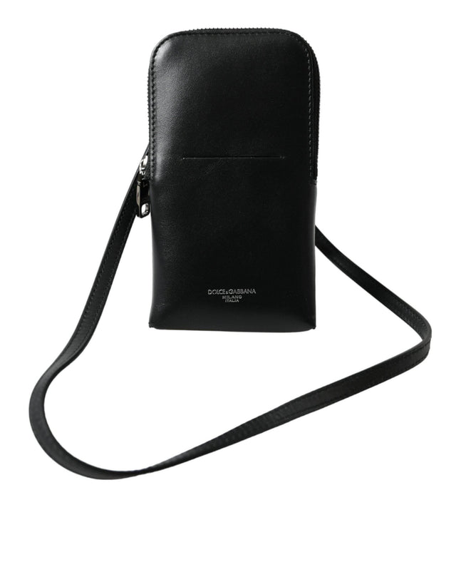 Dolce & Gabbana Black Leather Zip Around Logo Print Lanyard Strap Wallet - Hilstor