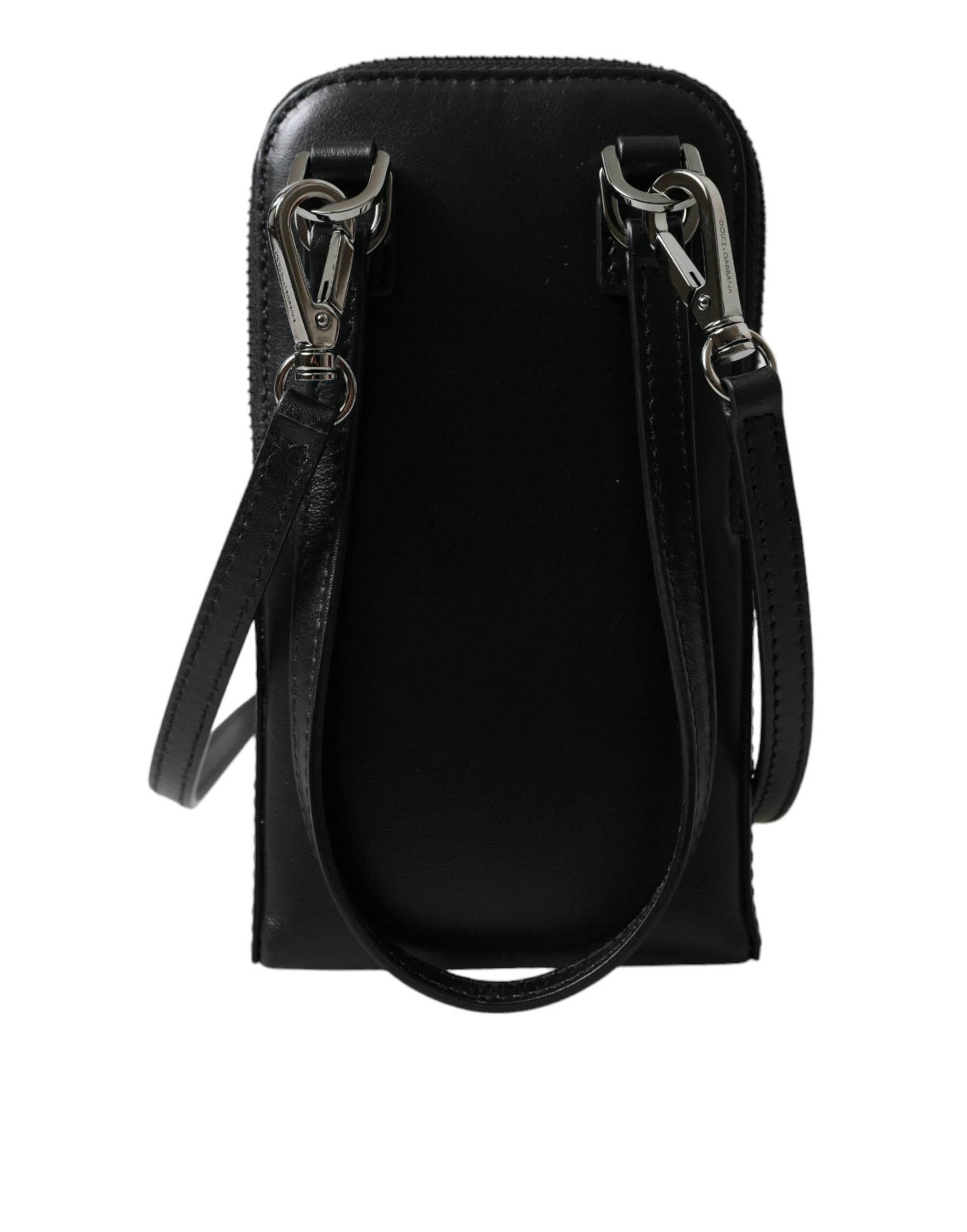 Dolce & Gabbana Black Leather Zip Around Logo Print Lanyard Strap Wallet - Hilstor