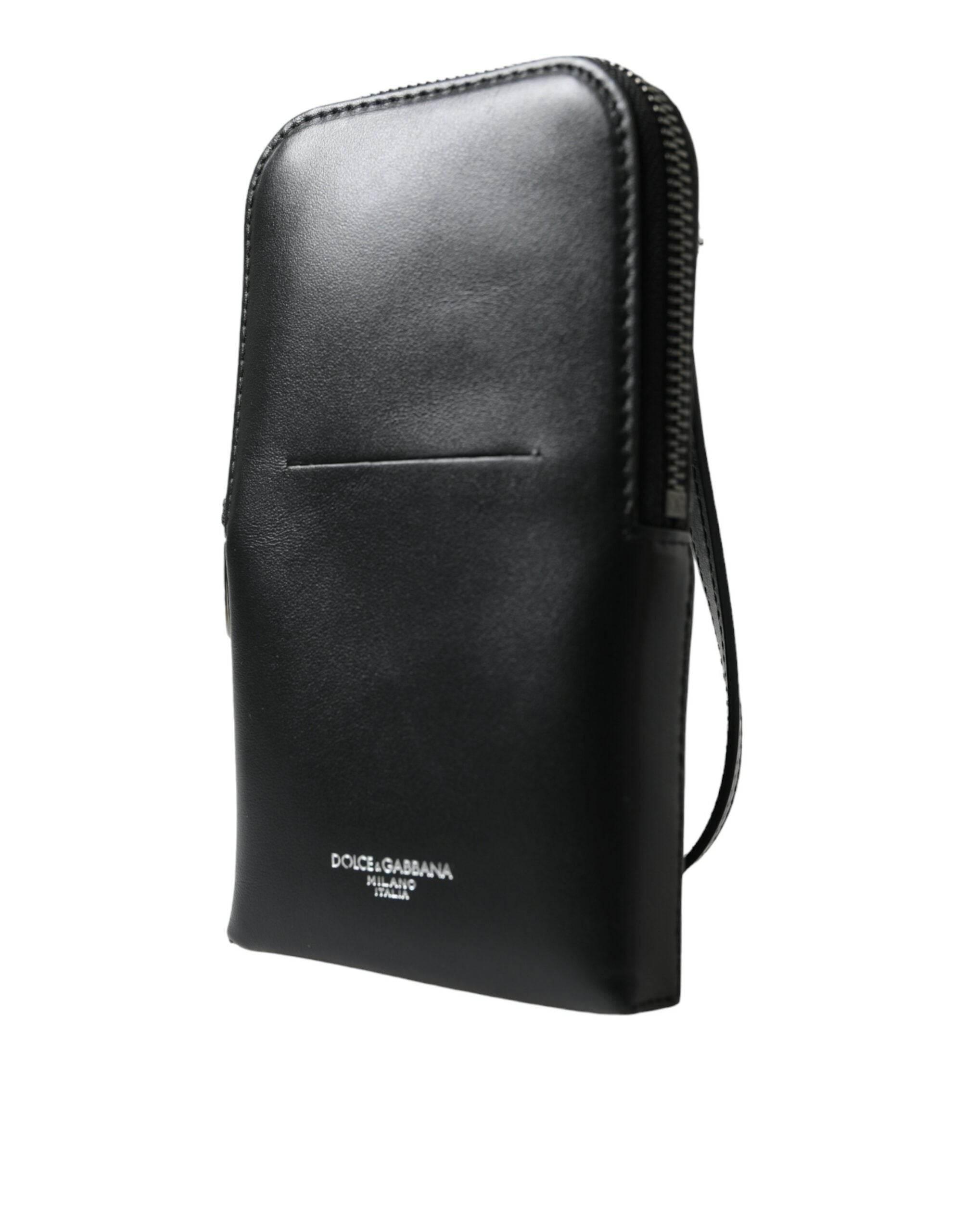 Dolce & Gabbana Black Leather Zip Around Logo Print Lanyard Strap Wallet - Hilstor
