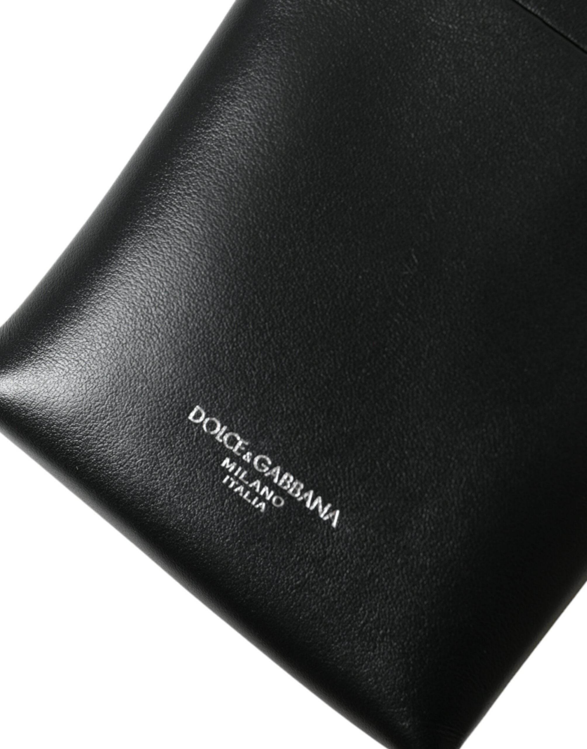 Dolce & Gabbana Black Leather Zip Around Logo Print Lanyard Strap Wallet - Hilstor