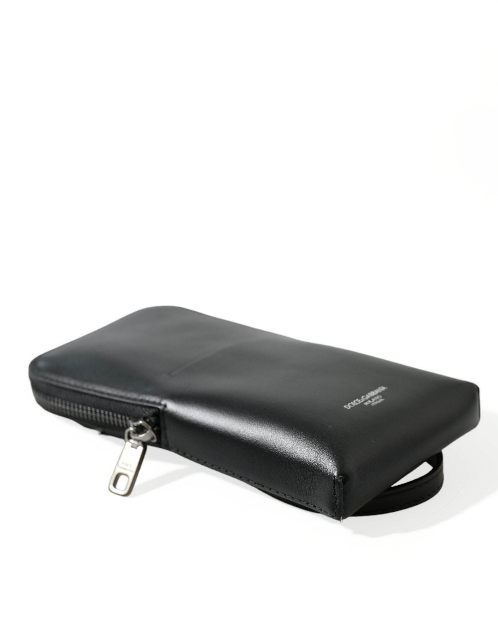Dolce & Gabbana Black Leather Zip Around Logo Print Lanyard Strap Wallet - Hilstor