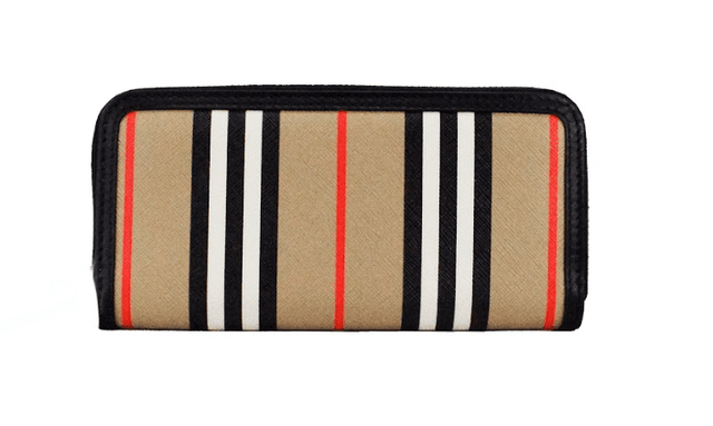 Burberry Ellerby Black Leather Icon Stripe Canvas Zip Around Continental Wallet - Hilstor