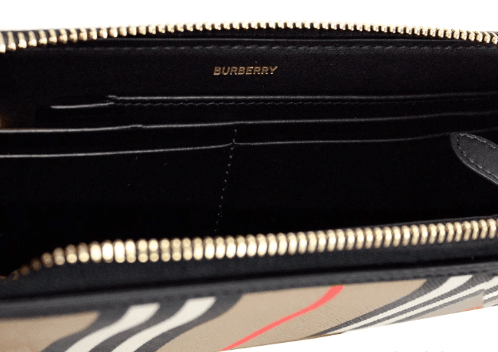 Burberry Ellerby Black Leather Icon Stripe Canvas Zip Around Continental Wallet - Hilstor