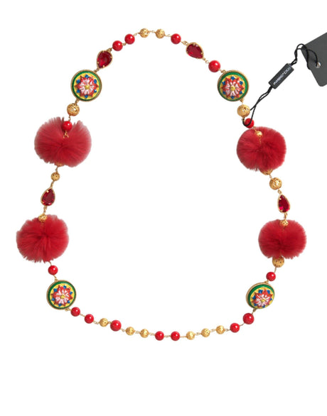 Dolce & Gabbana Gold Brass Red Fur Crystal Carretto Chain Necklace - Hilstor