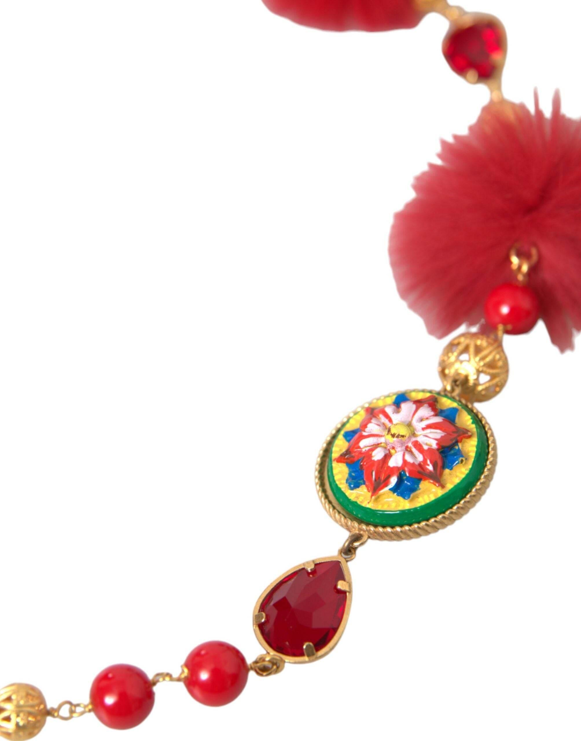 Dolce & Gabbana Gold Brass Red Fur Crystal Carretto Chain Necklace - Hilstor