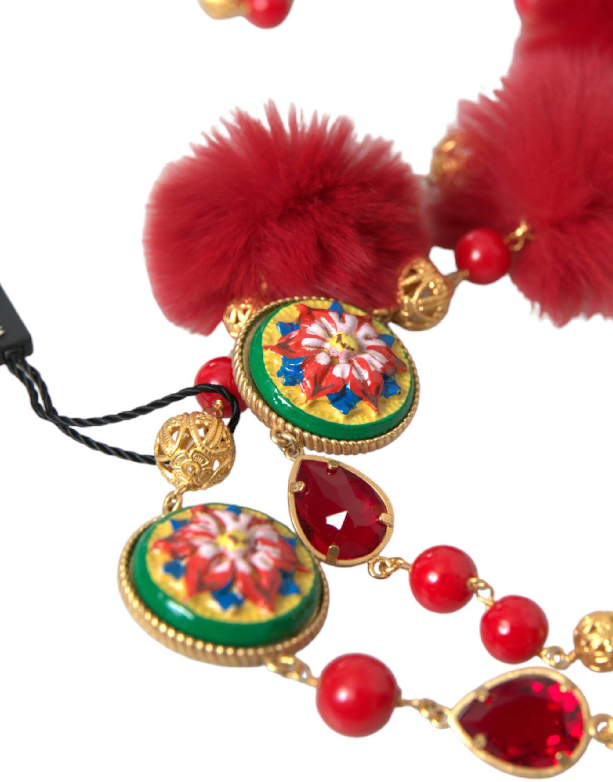Dolce & Gabbana Gold Brass Red Fur Crystal Carretto Chain Necklace - Hilstor