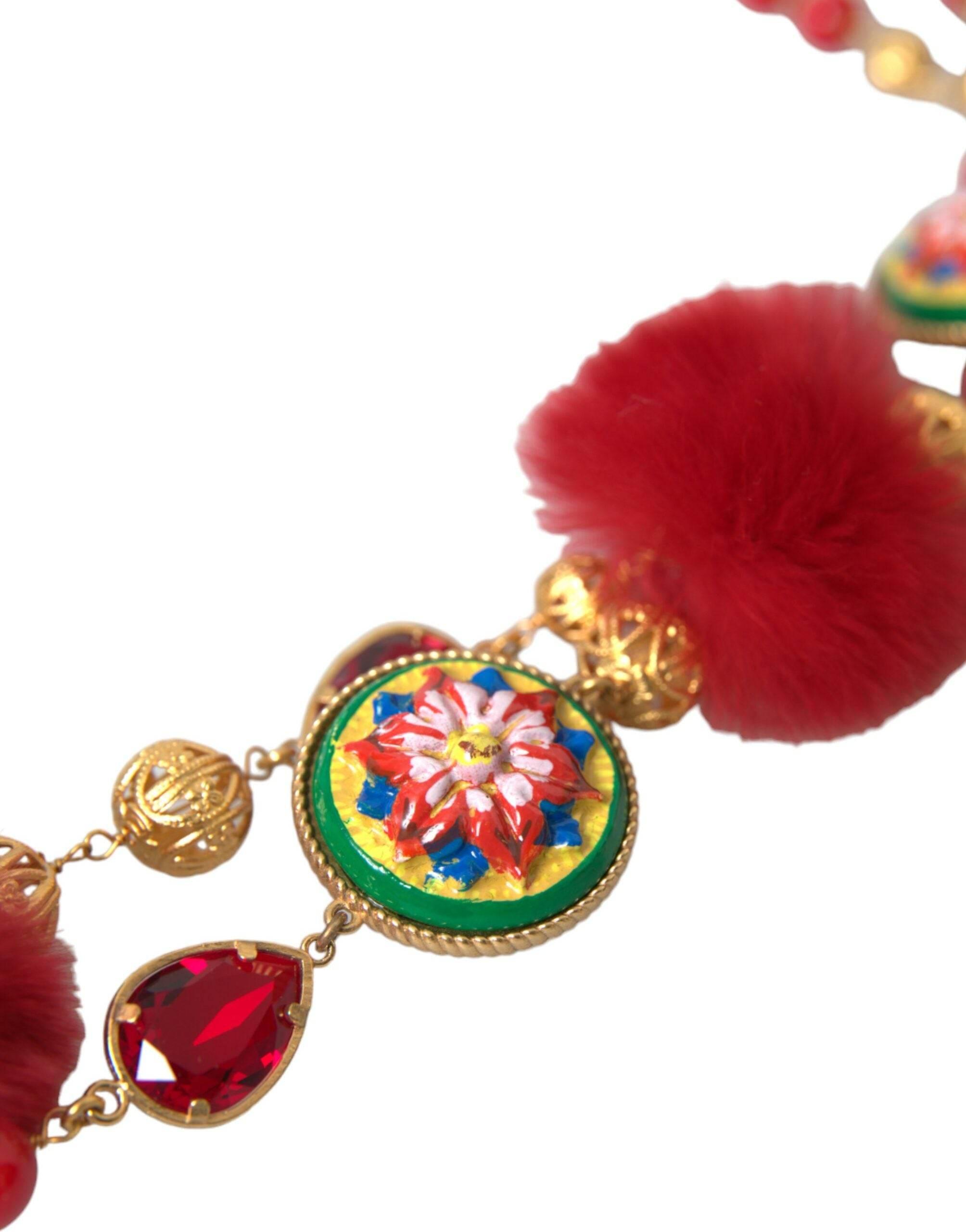 Dolce & Gabbana Gold Brass Red Fur Crystal Carretto Chain Necklace - Hilstor