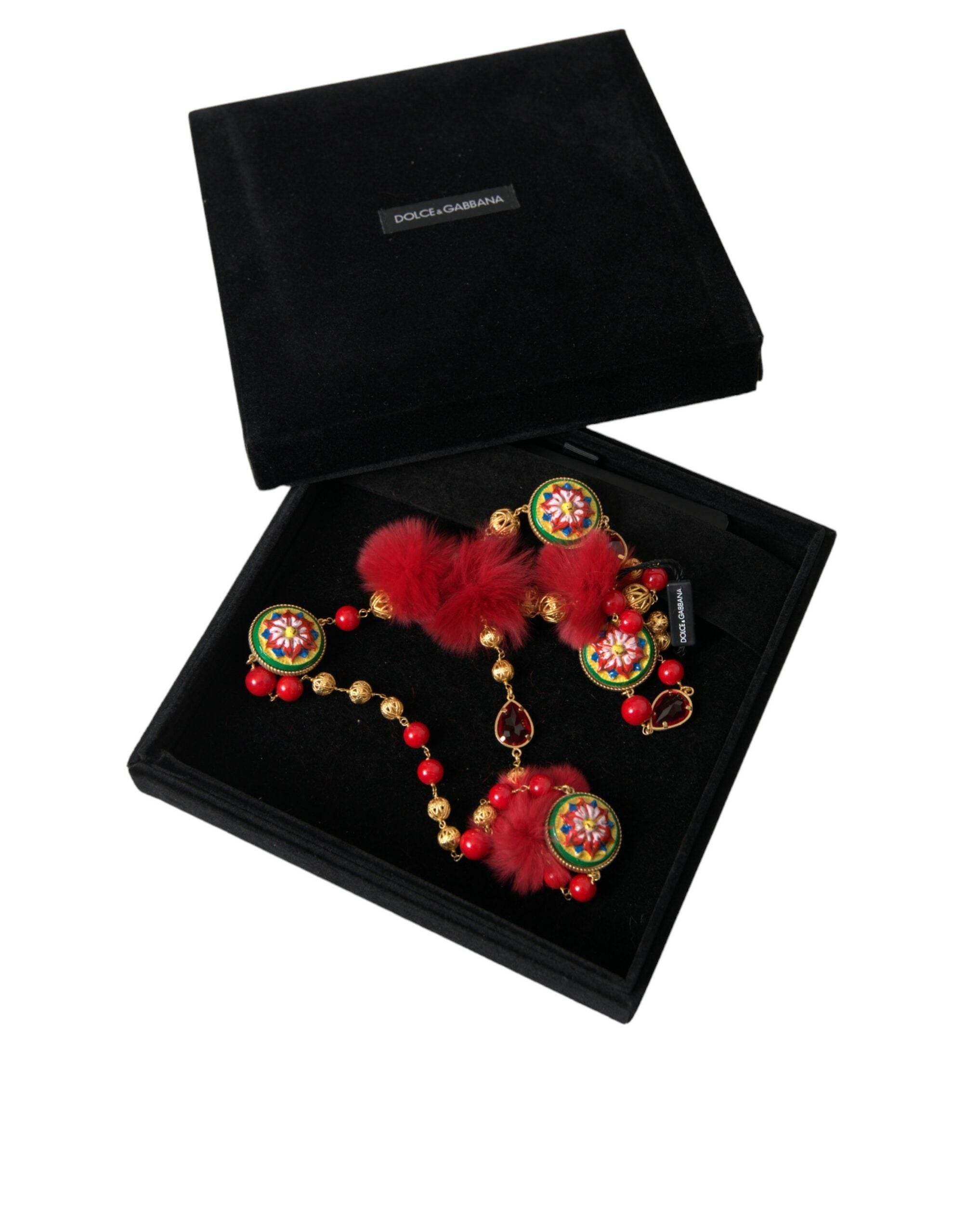 Dolce & Gabbana Gold Brass Red Fur Crystal Carretto Chain Necklace - Hilstor
