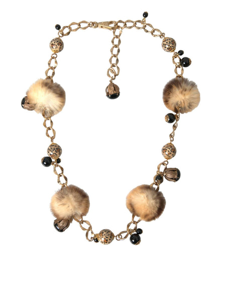 Dolce & Gabbana Gold Brass Leopard Fur Pearl Collier Chain Belt - Hilstor