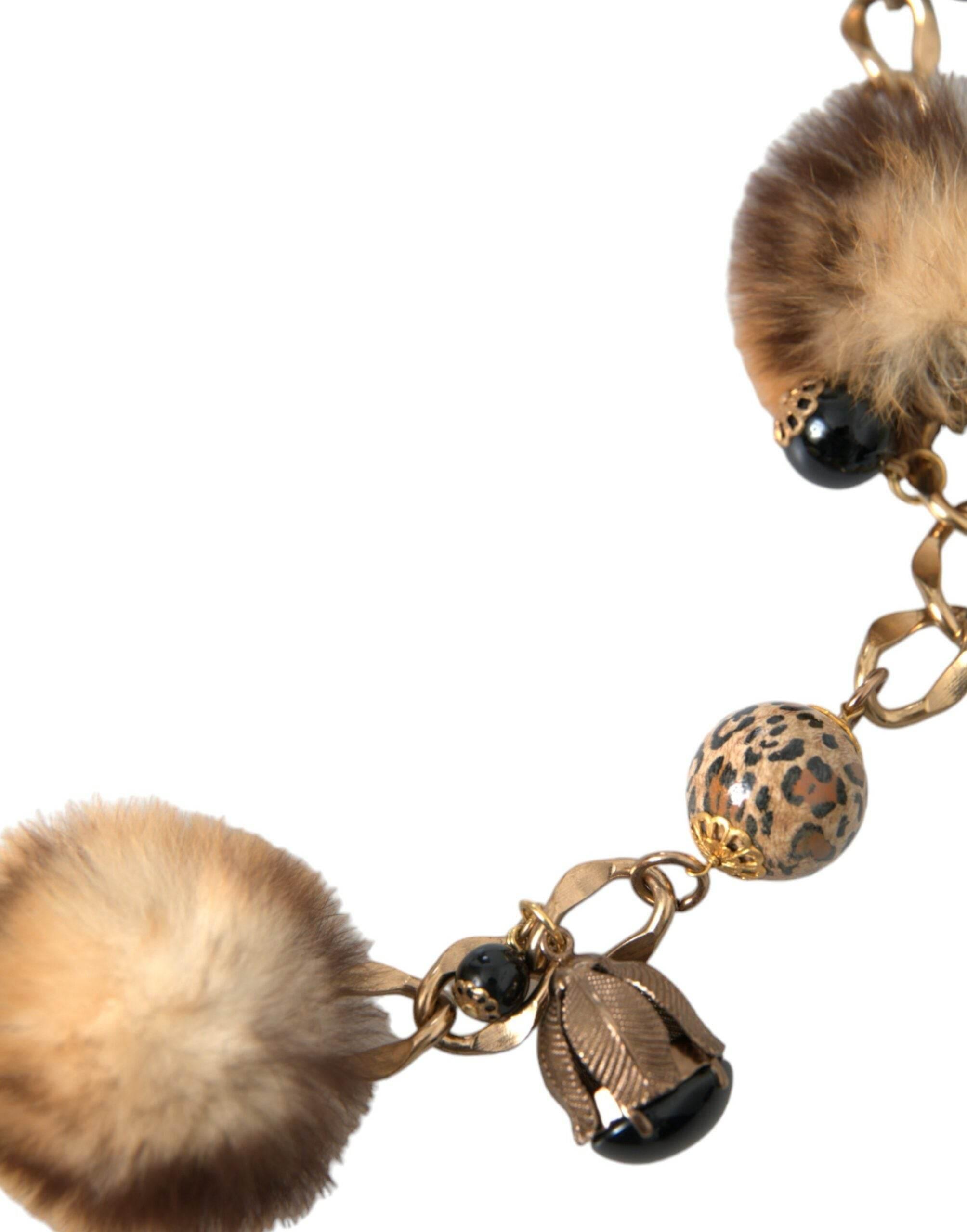 Dolce & Gabbana Gold Brass Leopard Fur Pearl Collier Chain Belt - Hilstor