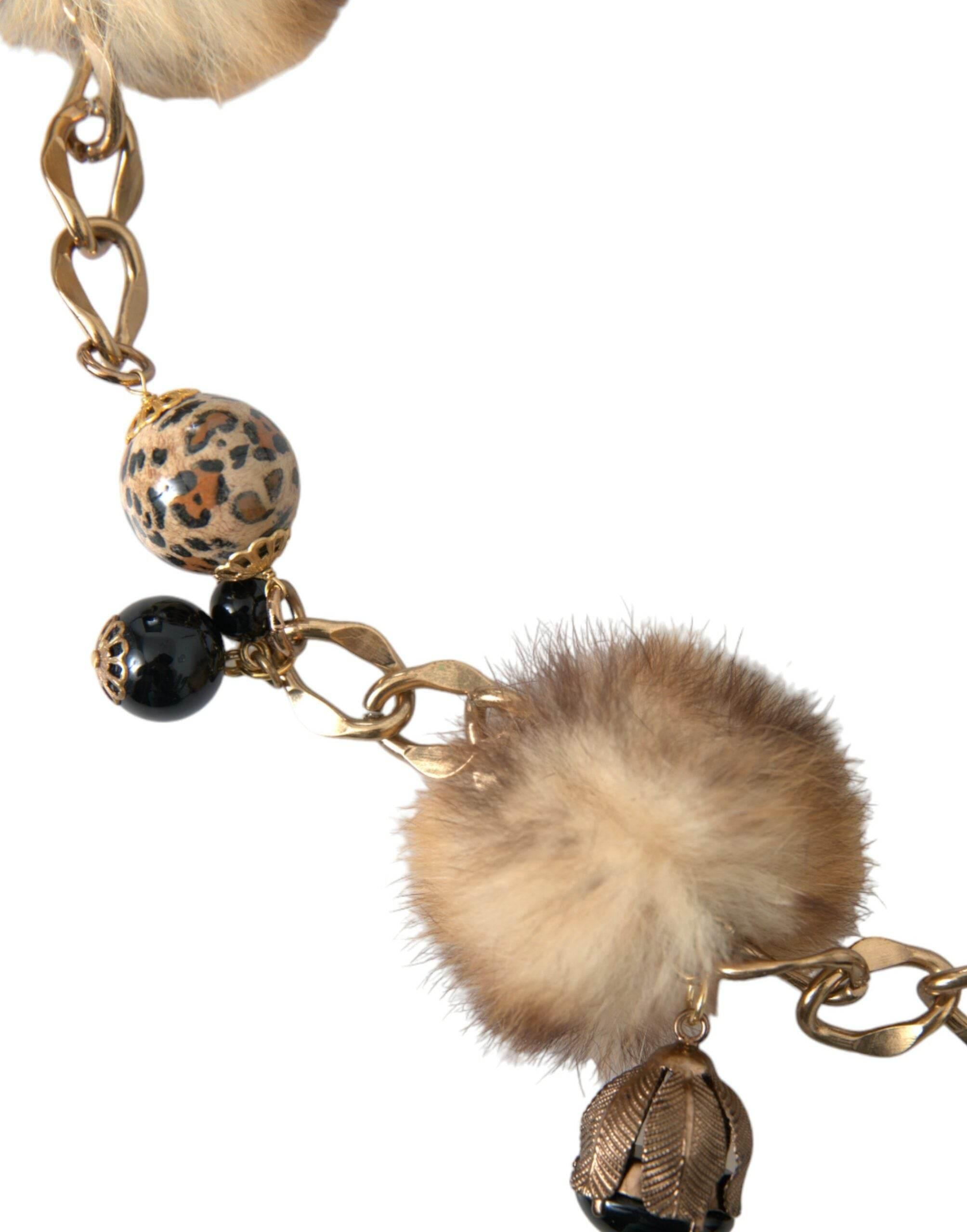 Dolce & Gabbana Gold Brass Leopard Fur Pearl Collier Chain Belt - Hilstor