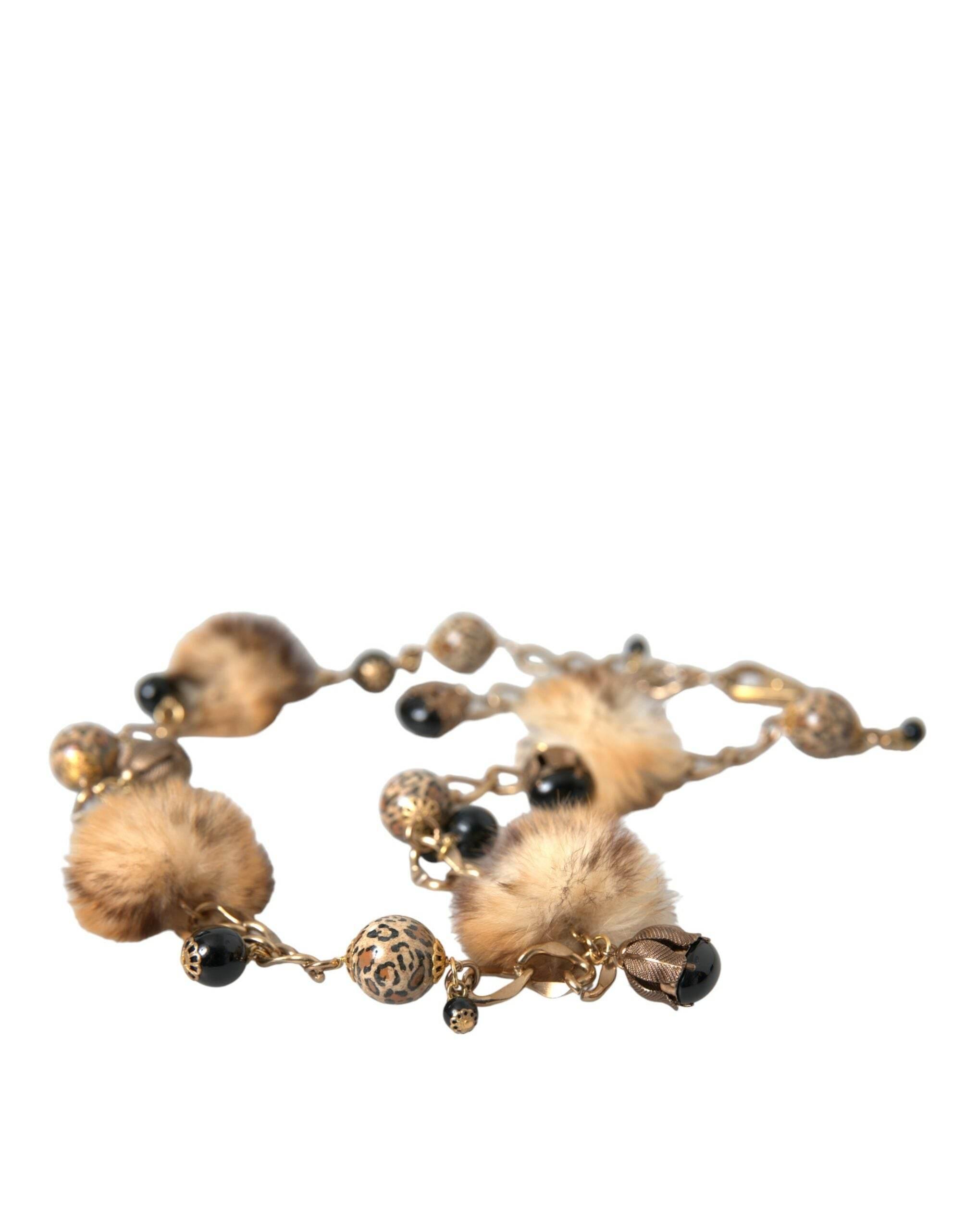 Dolce & Gabbana Gold Brass Leopard Fur Pearl Collier Chain Belt - Hilstor