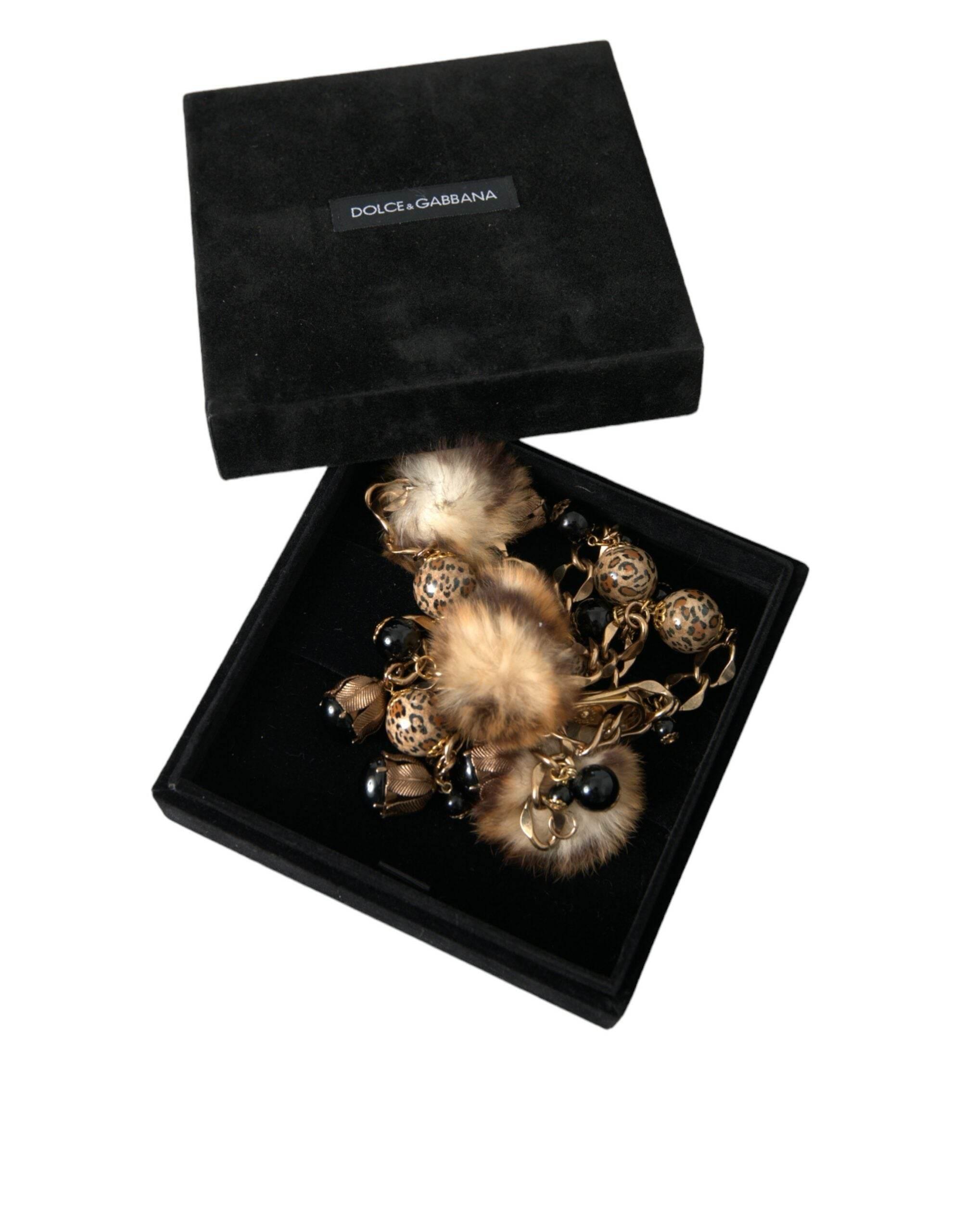Dolce & Gabbana Gold Brass Leopard Fur Pearl Collier Chain Belt - Hilstor
